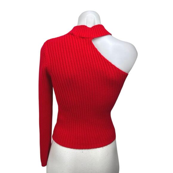 Naf Naf Red One Shoulder Long Sleeve Mock Neck Rib Knit Crop Sweater Top Size L - Picture 2 of 4